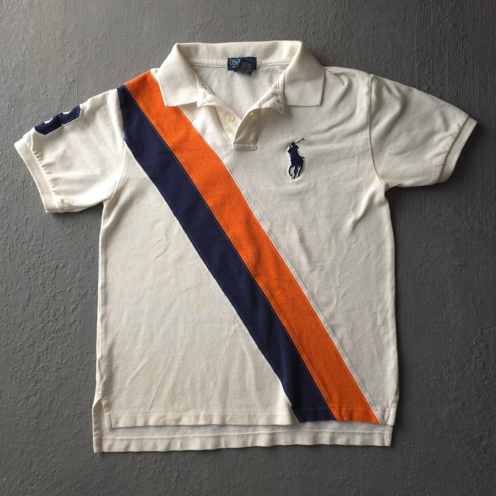 Vintage 2000s Polo Ralph Lauren White Polo Shirt M(12/14) Big Pony Stripe